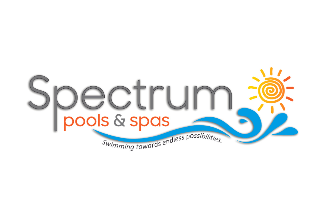 Home Spectrum Pools & Spas logo showcasing endless possibilities in pool design by TLH Group, featuring vibrant colors and a sun.